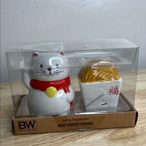 Hand-Painted Ceramic Cat and Noodle Box Salt & Pepper Set - White and Red